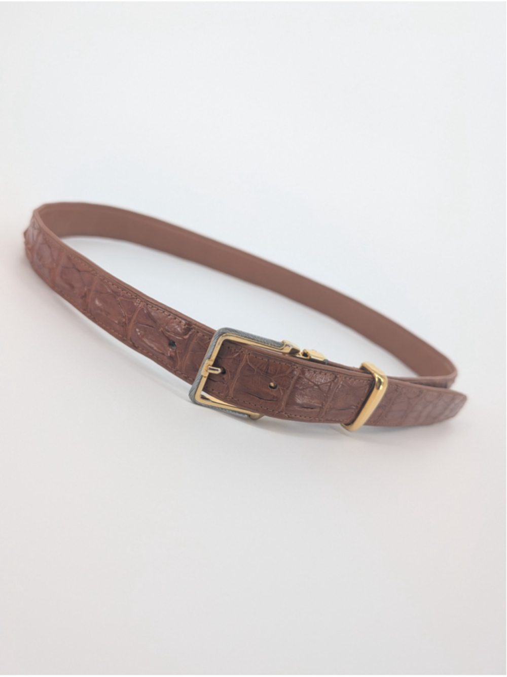 Vintage Brown Croc Embossed Leather Belt Gold Silver Cable Buckle 90s Western